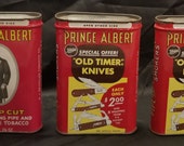 Three Vintage R.J Reynolds Prince Albert Tobacco Tin w Ulster quot Old Timer quot Knives Ad