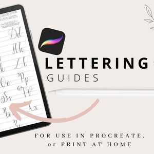 May include: A digital tablet displaying a printable lettering guide for modern calligraphy. The guide includes a full alphabet with lowercase letters and is designed for use with the Procreate app or to be printed at home.