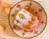 Peachy Pink Limoges Jewelled Demitasse Cup And Saucer - raised gold gilding