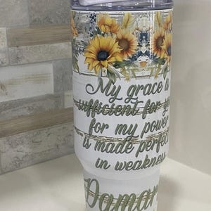 Sunflower Christian tumbler with handle and straw. Personalized tumblers. 40oz tumbler