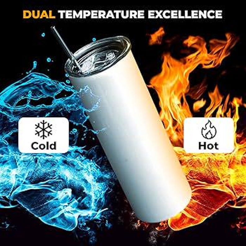 May include: White stainless steel tumbler with a straw. The tumbler is designed to keep drinks cold or hot. The text "Dual Temperature Excellence" is at the top of the image.