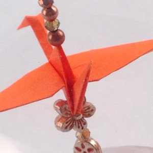 Orange Ember - paper crane w/metal flowers, paper crane in glass globe, solstice, winter fire, glowing ember, celebration, renewal