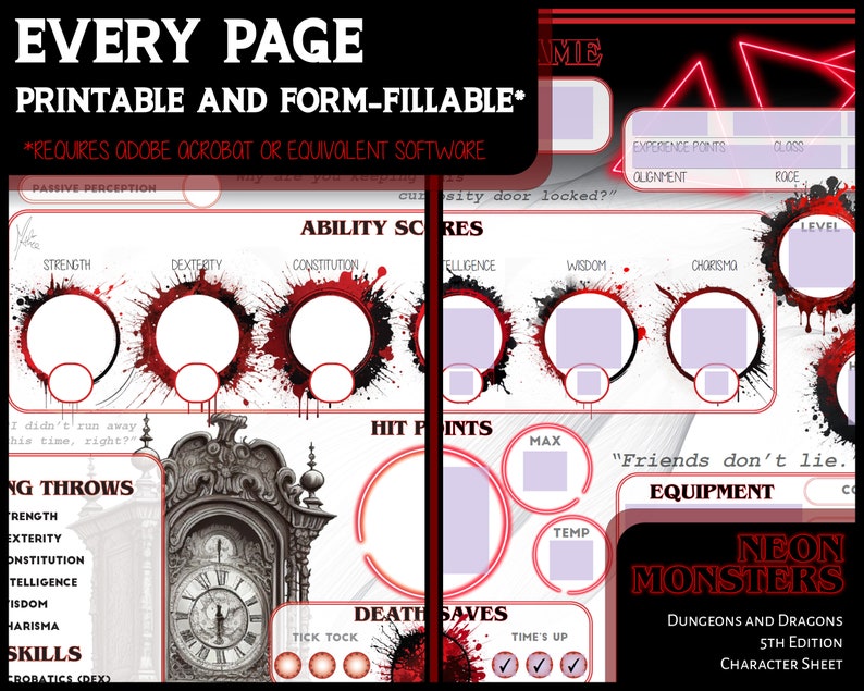 Stranger Things Inspired D&amp;D Character Sheet: Neon Monsters | Dnd 5e ...