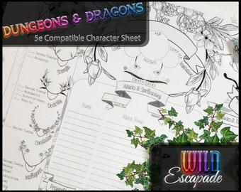 Wild Escapade Character Sheet | Black and White | DnD 5e | Fillable and Printable PDF | Dungeons and Dragons 5th Edition | D&D | Druid