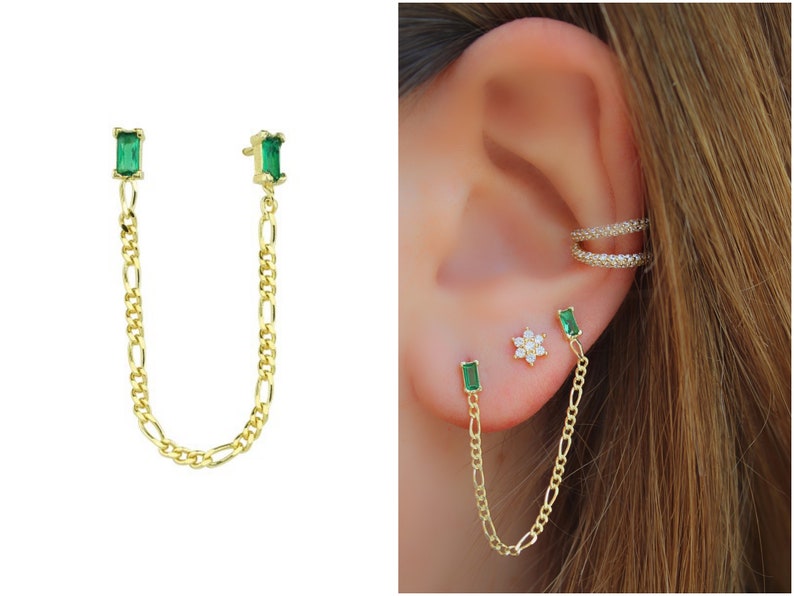 dainty stud earrings cz studs threader gold studs double studs chain earrings minimal gold earrings Emerald green BAGUETTE earrings