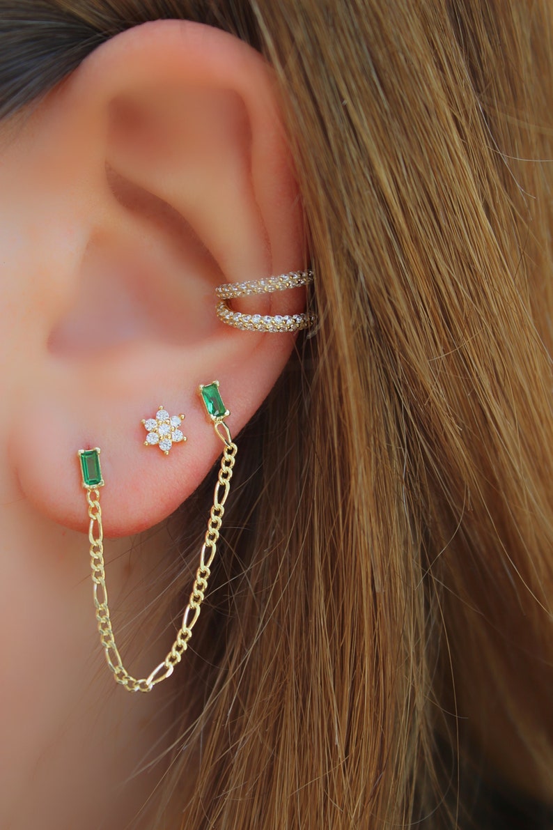 dainty stud earrings cz studs threader gold studs double studs chain earrings minimal gold earrings Emerald green BAGUETTE earrings