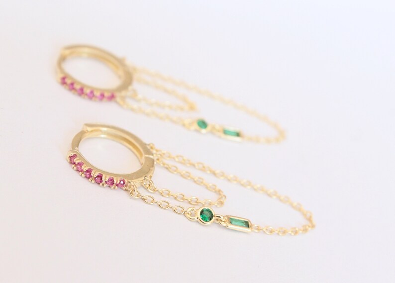 DROP CHAIN hoops 925 sterling earrings dainty earrings chain hoops cz huggie hoops chain earrings threader earrings Ruby and emerald