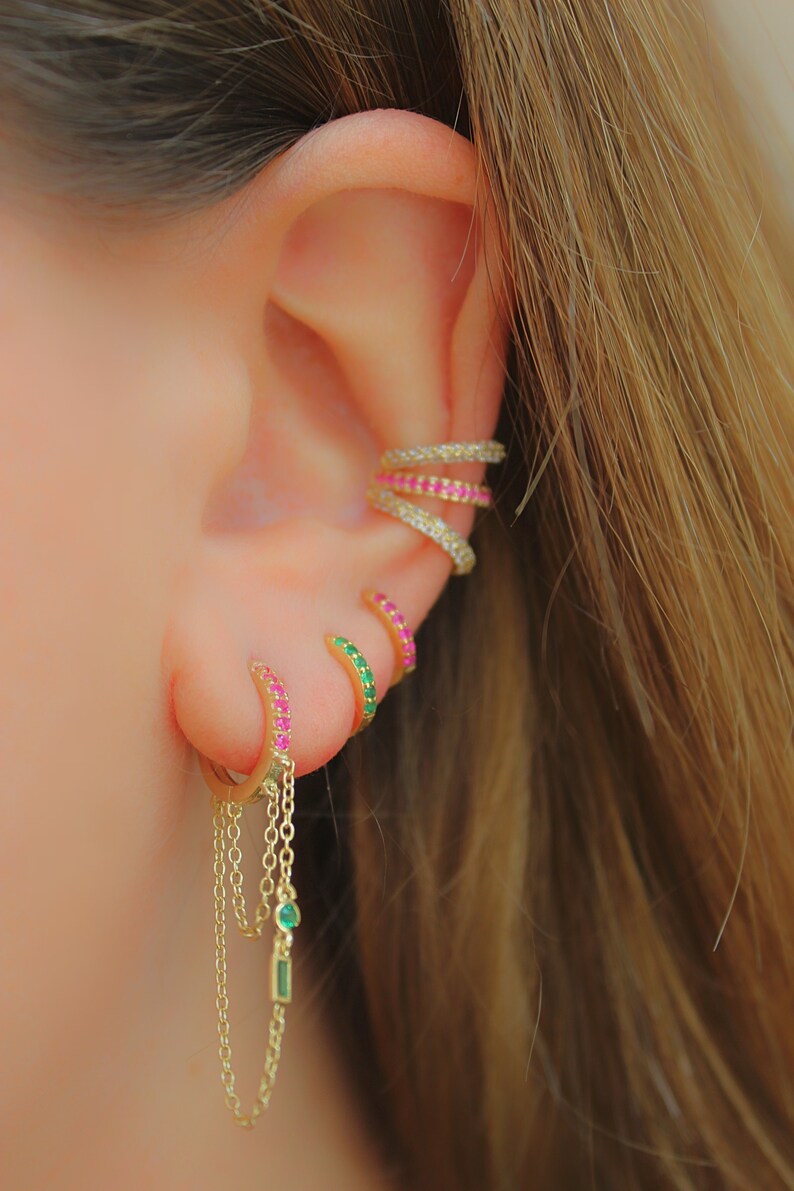 DROP CHAIN hoops 925 sterling earrings dainty earrings chain hoops cz huggie hoops chain earrings threader earrings Ruby and emerald