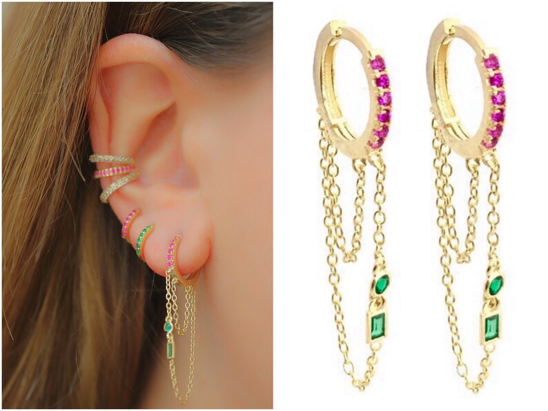 DROP CHAIN hoops 925 sterling earrings dainty earrings chain hoops cz huggie hoops chain earrings threader earrings Ruby and emerald