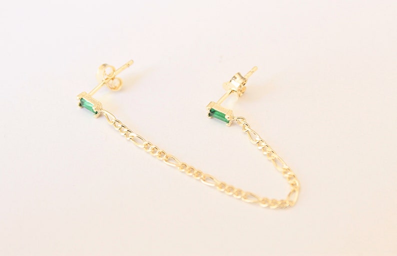 dainty stud earrings cz studs threader gold studs double studs chain earrings minimal gold earrings Emerald green BAGUETTE earrings