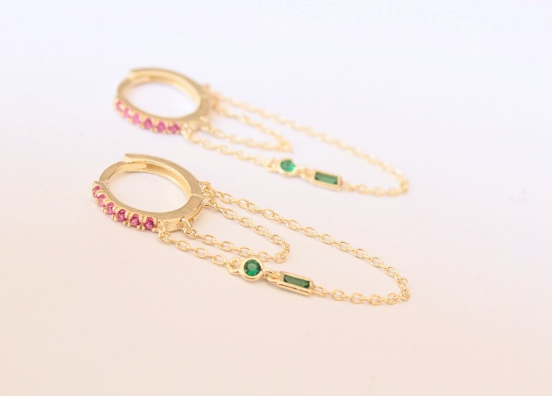 DROP CHAIN hoops 925 sterling earrings dainty earrings chain hoops cz huggie hoops chain earrings threader earrings Ruby and emerald