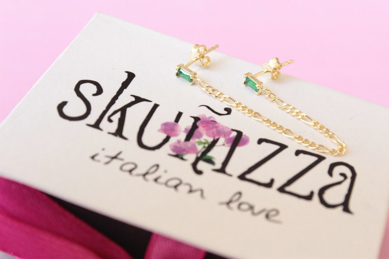 dainty stud earrings cz studs threader gold studs double studs chain earrings minimal gold earrings Emerald green BAGUETTE earrings