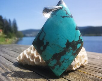 Tibetan Turquoise Pendant, 5cm, 11grams, superb, marquise, natural stone, 925 silver attachment, AAA quality