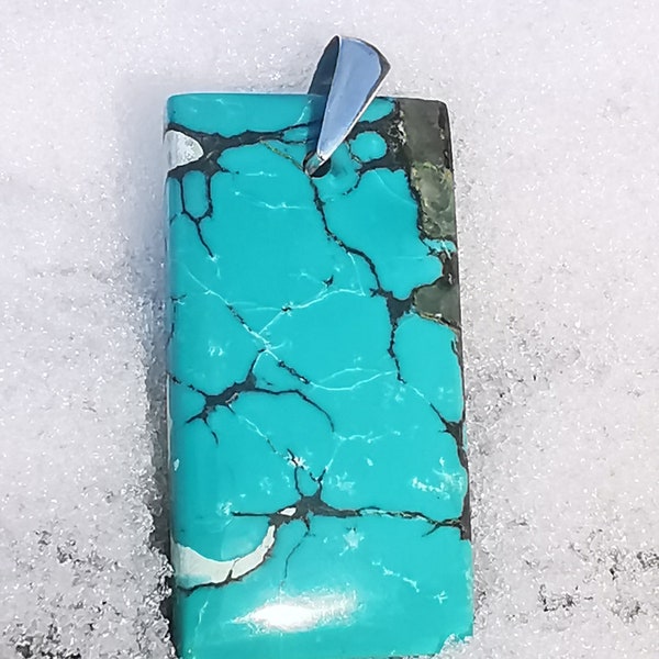 Pendentif Turquoise du tibet, 4cm, 14grammes, attache argent, pierre naturelle non reconstitué, bleu, massive, qualité AAA, masterpiece