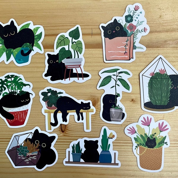 10 cat and plants Stickers, Sticker Pack for Journaling, Scrapbooking, kid gift, Perfect Gift for animal lover, Cat lover, plants lover