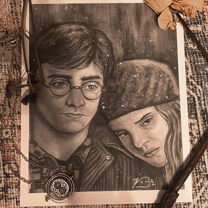 Harry and Hermione Oil Painting Print | Harry Potter Inspired Painting Portrait | Hermione Granger Inspired Painting Print |
