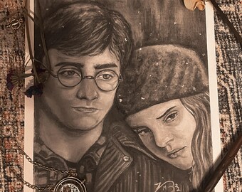 Harry and Hermione Oil Painting Print | Harry Potter Inspired Painting Portrait | Hermione Granger Inspired Painting Print |