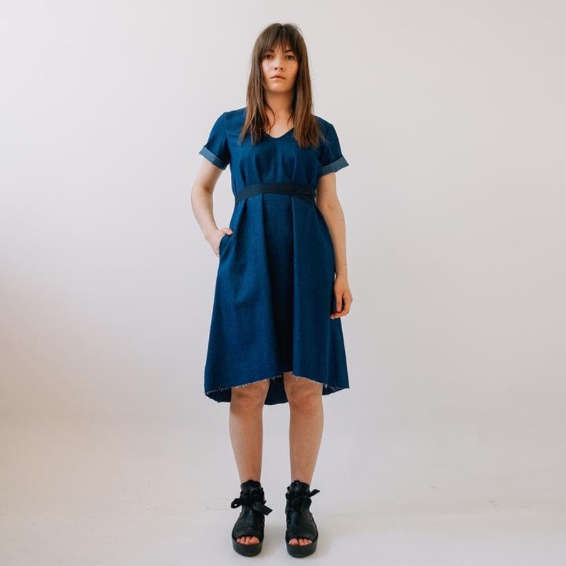 Asymmetric dress Elegant wear Short sleeve dress with Pockets Tie back dress Casual dress Denim dress Knee length dress image 1