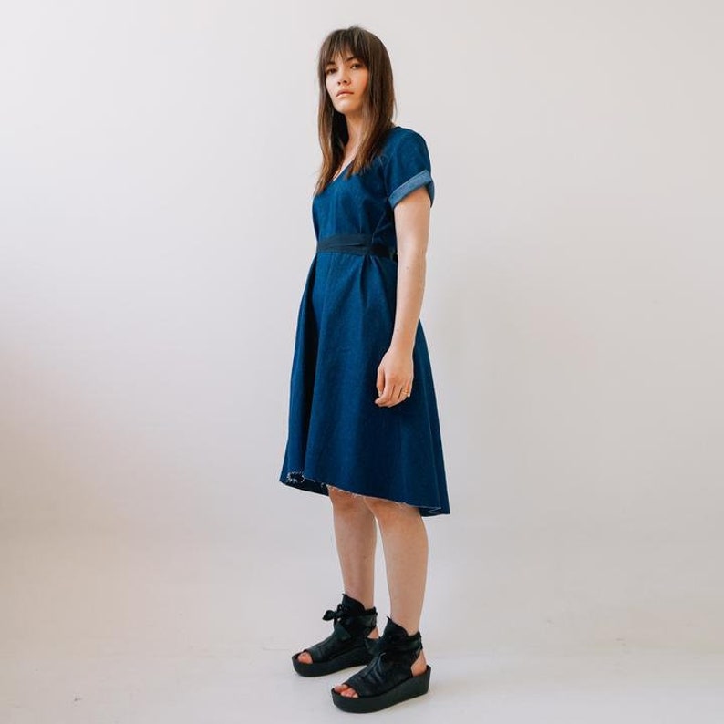 Asymmetric dress Elegant wear Short sleeve dress with Pockets Tie back dress Casual dress Denim dress Knee length dress image 2