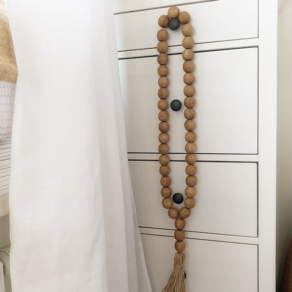 Large Bohemian wall decor, Wood bead garland with tassel, Oversized wall hanging, Farmhouse beads for SPA, Outdoor coastal decorative beads