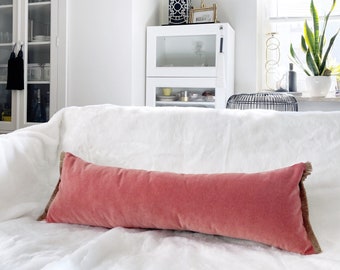 Extra long lumbar pillow cover, Large lumbar pillow case, Coral oversized lumbar pillow for bed, Long bed velvet lumbar pillow with fringe