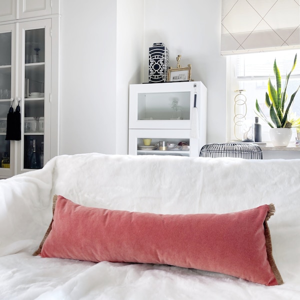 Extra long lumbar pillow cover, Large lumbar pillow case, Coral oversized lumbar pillow for bed, Long bed velvet lumbar pillow with fringe