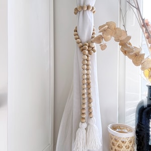 Long curtain tie backs for canopy bed, Natural wood bead garland for drapery holdbacks, Wooden beads curtain ties, Bohemian tassel holders