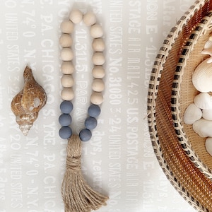 Modern farmhouse beads, Wood bead garland with tassel, Boho coffee table decor, Decorative beads, Gray house beads, Wooden bead decor gift