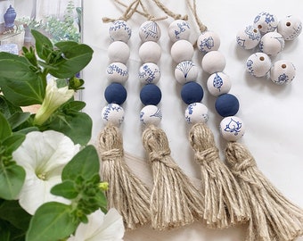 4 deurknophangers chinoiserie, marineblauwe en witte ladetrekkers in Hamptons-stijl, kwast met kustkralen, kwastje deurknop met houten kralenslinger