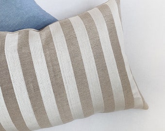 Striped ivory coastal pillow cover, Linen lumbar cushion cover, Sand linen pillow, Coastal large lumbar pillow case, Tan throw cushion cover