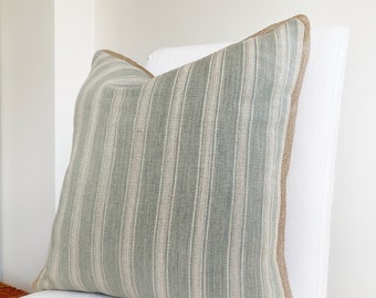 Textured stripe pillow cover with trim, Duck egg cushion cover, Light aqua ecru linen pillow case, Teal throw pillow, Blue green pillow case