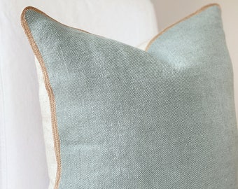 Sage green pillow cover, Natural linen and jute sage green throw pillow case, Pale green cushion cover with trim, Muted textured pillow case