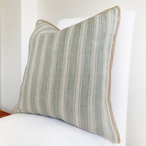 Textured stripe pillow cover with trim, Duck egg cushion cover, Light aqua ecru linen pillow case, Teal throw pillow, Blue green pillow case