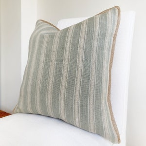 Textured stripe pillow cover with trim, Duck egg cushion cover, Light aqua ecru linen pillow case, Teal throw pillow, Blue green pillow case