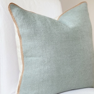 Sage green pillow cover, Natural linen and jute sage green throw pillow case, Pale green cushion cover with trim, Muted textured pillow case