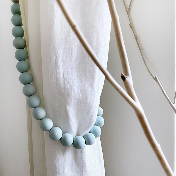 Aegean Teal wood bead curtain tiebacks, Pale aqua blue wooden beads curtain ties, Set of curtain tie backs, Beach bedroom curtain holders