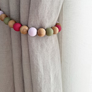 Berry pink and light lavender wooden bead curtain tie-backs, Country fruit-inspired curtain ties, Romantic rustic beaded drapery tie backs