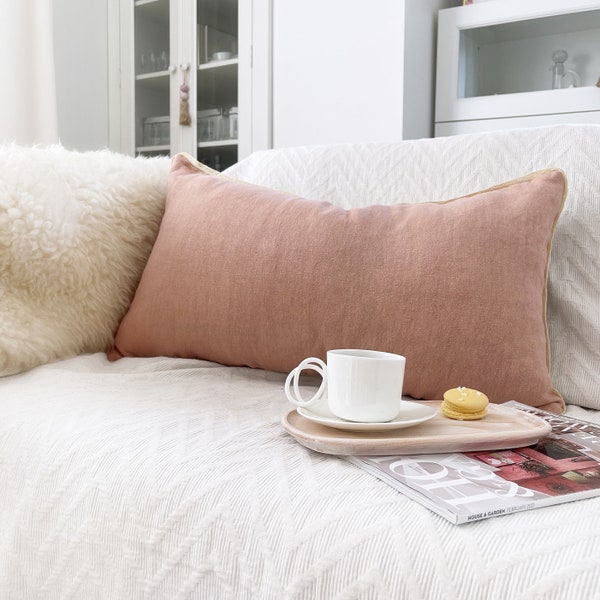 Earthy coral pillow case with trim, Oversized linen pillow cover, Lumbar pillow cover, Terracotta throw cushion case, Burnt orange pillows