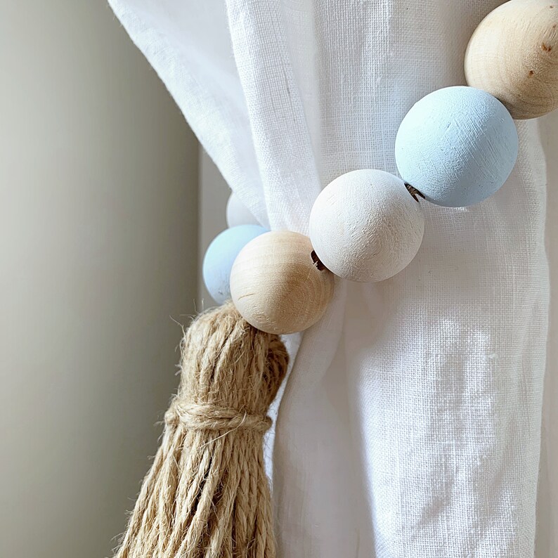 2 Nautical dorm curtain tie backs Blue white wooden beads Etsy