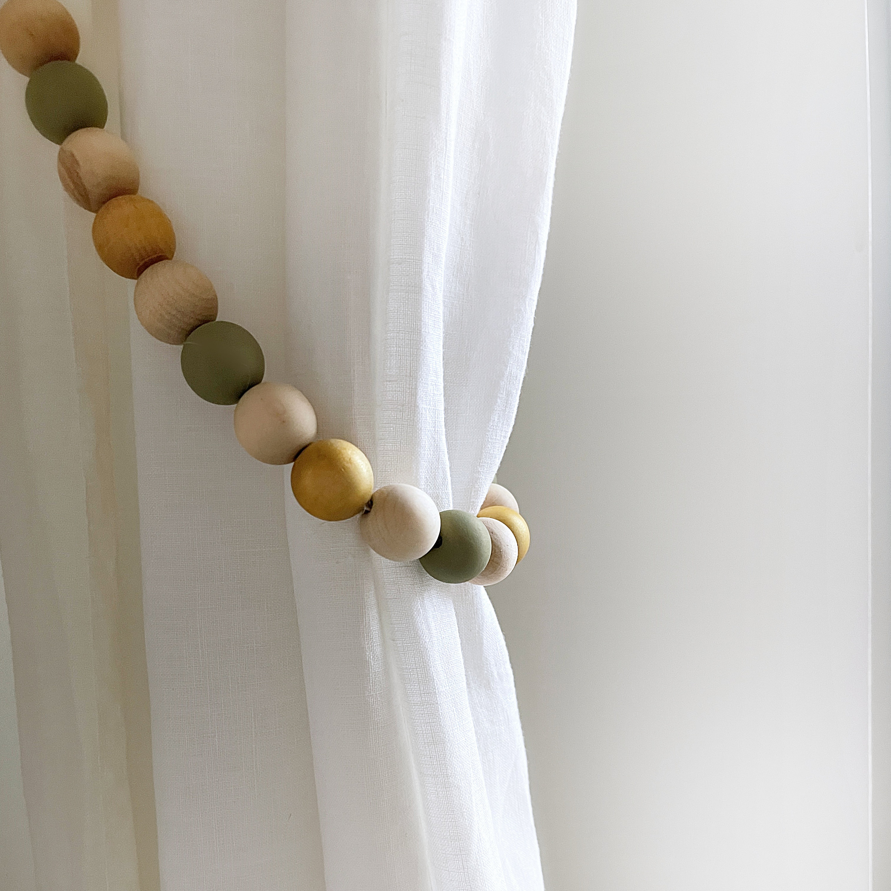 Handmade Wooden Bead Curtain Tie Backs: Olive Green & Gold