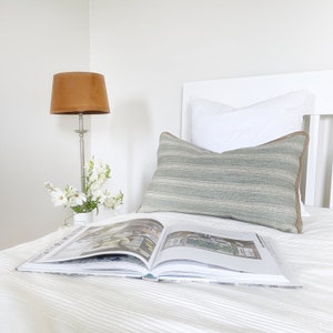 Striped linen pillow case with trim, Light teal green throw pillow, Neutral grain sack pillow cover, Linen cottage grainsack cushion cover