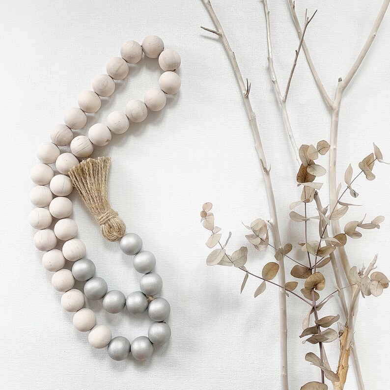 Silver and Whitewash Wooden Beads With Tassel Coastal Etsy
