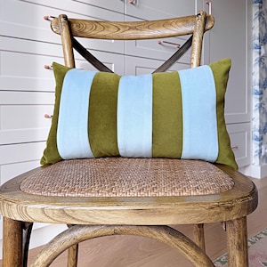 Striped velvet lumbar pillow cover, Light moss green and sky blue stripes velvet cushion cover, Whimsical accent blue and green pillow case