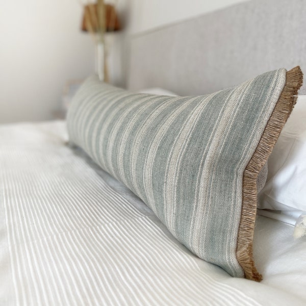 Oversized lumbale kussensloop, Teal beige gestreept kussen voor bed, Grote franje kussensloop, Getextureerd linnen extra lang lumbaal werpkussen