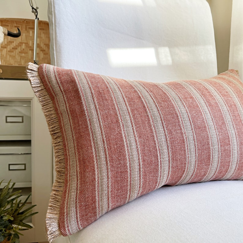 Fringed Lumbar Pillow Cover With Red Stripes French Country Etsy