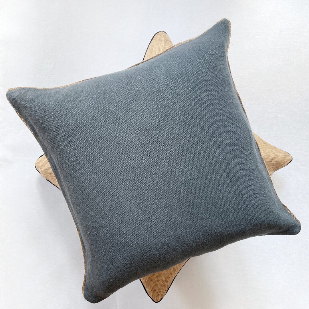 Dark Blue Linen Pillow Cover With Jute Trim Textured Navy Etsy