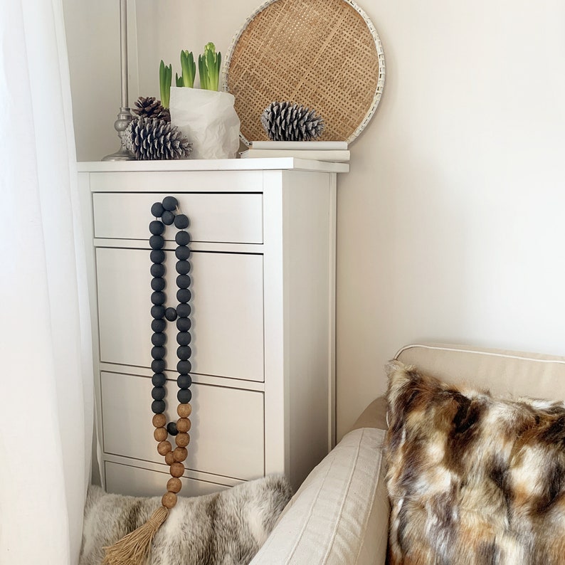 Black Wall Hanging With Tassel Black Wooden Beads Decor Etsy