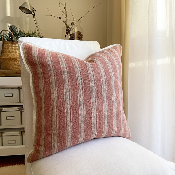 Red Stripe Linen Pillow Cover, French Cottage Grainsack Cushion