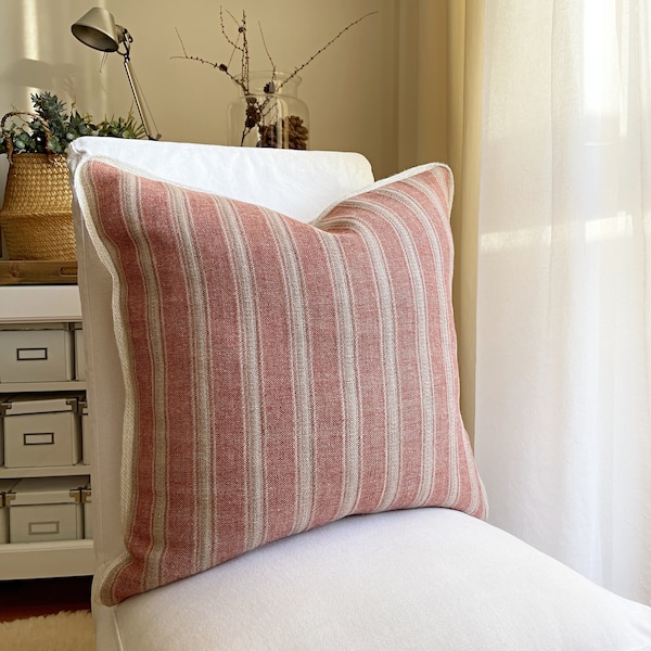 Red stripe linen pillow cover, French cottage grainsack cushion cover, Grain sack textured pillow, Traditional couches striped throw cushion