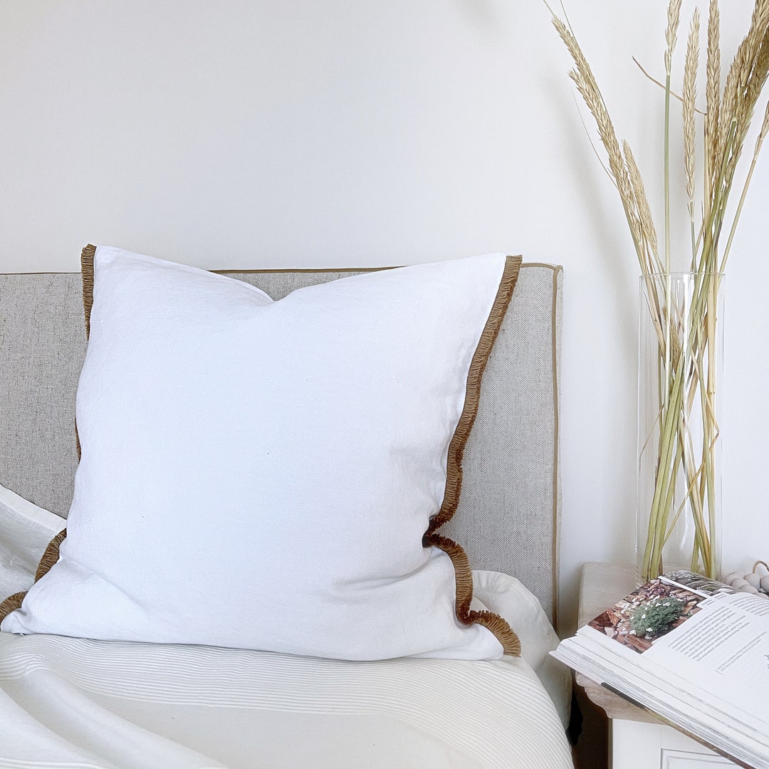 Pure White Linen Cushion Cover With Fringe Jute Fringed Etsy